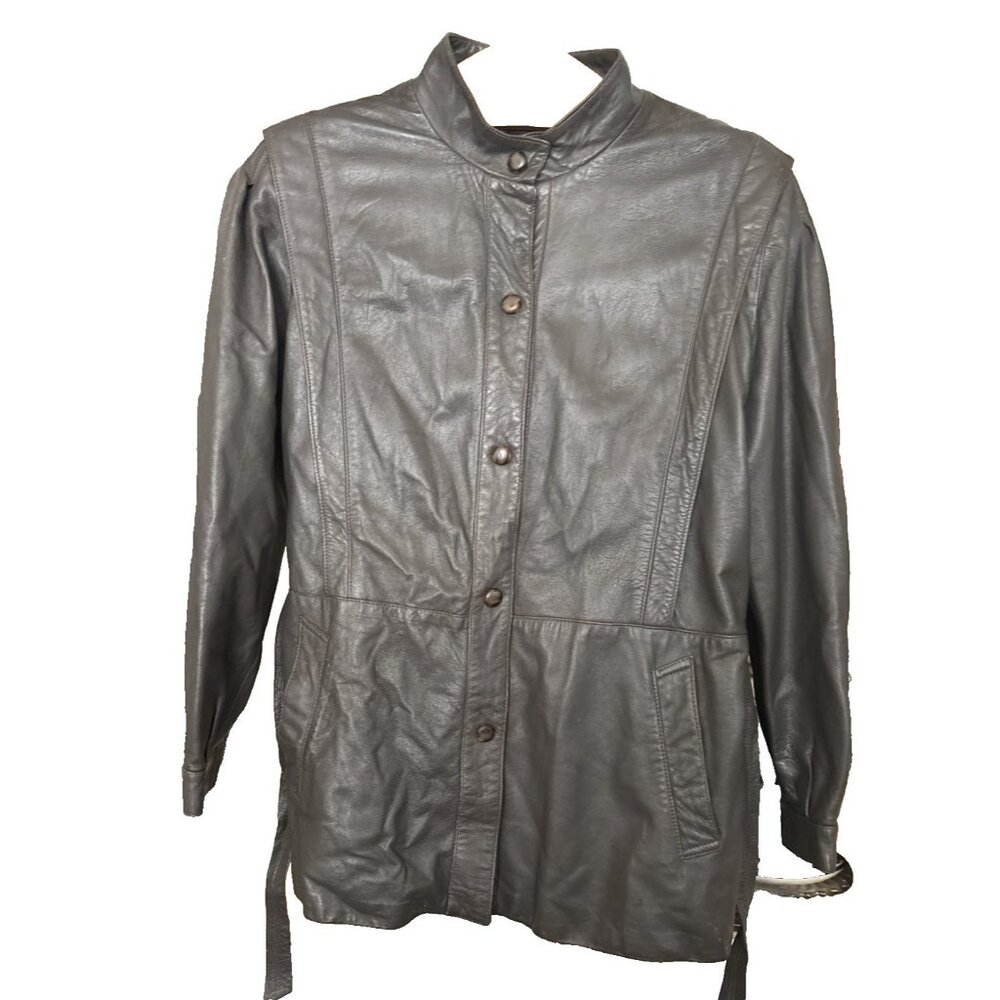 Women’s Brown Leather Jacket Italy Fiocchi Medium??? Snaps Belt Pockets Vintage